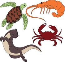 Aquatic Animals Clipart Set. crab, Otter, Shrimp, Sea turtle vector