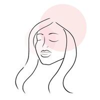 mujer cara línea Arte con largo pelo en pastel rosado sombras. minimalista estilo. vector mano dibujado belleza Moda ilustración para póster, logo, productos cosméticos o maquillaje diseño y camiseta huellas dactilares.