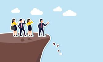 Inept leadership, poor decisions, and incompetence cause company downfall, concept of Ill advised manager instructing staff to leap off the cliff vector