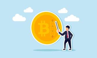 qué es bitcoin y blockchain aprender acerca de cripto divisa, blockchain tecnología, y unirse blockchain cursos, concepto de blockchain tecnología explicado por empresario con bitcoin vector