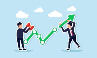 Business growth strategy, collaborative plan for success, teamwork in development, concept of Entrepreneurs construct company's growth chart with upward arrow vector