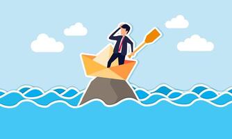 Stagnant business or life, grappling with errors, obstacles, or failures, leading to a bleak outlook and challenges, concept of Desperate businessman stranded on a rocky cliff after a shipwreck vector