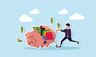 Online overspending leads to debt, poverty, loss, and financial failure, concept of Crashed cart trolley breaks piggy bank vector