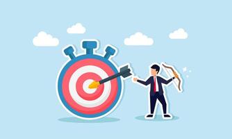 Efficiently managing time to meet deadlines, ensuring productivity and achieving project milestones, concept of A savvy businessman aims his bow at a bullseye target, timing his shot precisely vector