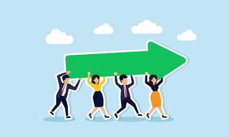 Team aligns for success, sharing goals, supporting growth and direction, concept of Business partners lift a large upward arrow, symbolizing growth vector