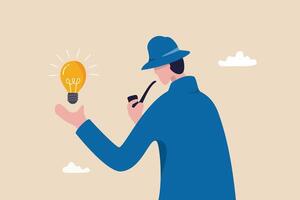 hallazgo idea, solución o buscar para nuevo oportunidad, descubrir nuevo invención idea, creatividad, innovación o curiosidad concepto, detective hombre sostener brillante bombilla idea pensar a resolver problema. vector