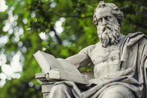 AI generated Statue reading a book with marble artistry displaying history and culture in a serene park environment photo