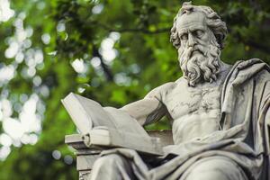 ai generado estatua leyendo un libro con mármol arte mostrando historia y cultura en un sereno parque ambiente foto