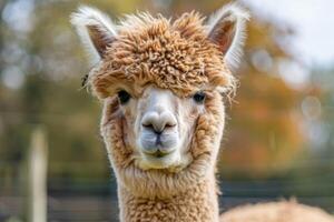 AI generated Alpaca portrait close-up with animal farm mammal livestock camelid wool photo