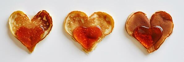 AI generated Heart shaped pancakes drizzled with syrup for a special breakfast treat photo