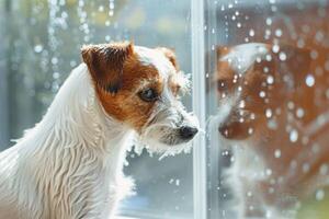 ai generado mojado perro mirando mediante un limpiar vaso ventana con agua gotas y reflexión en luz de sol foto