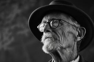 ai generado un mayor hombre con lentes y sombrero capturado en un grave negro y blanco retrato foto