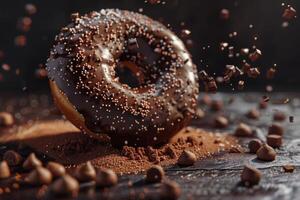 AI generated Chocolate frosted donut with sprinkles dessert sweet pastry snack gourmet on a wooden surface photo