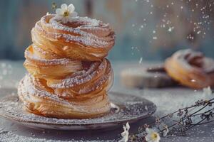 ai generado francés buñuelo Pastelería con en polvo azúcar es un tentador desayuno tratar en un rústico plato foto