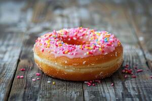 AI generated Close-up of a pink frosted donut with colorful sprinkles on a wooden background photo