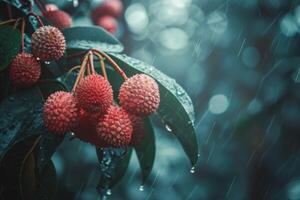 ai generado lychee Fruta debajo el lluvia con Fresco tropical hojas y agua gotas foto