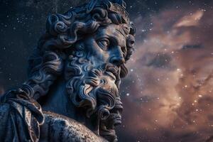 ai generado Júpiter estatua debajo noche cielo exudando antiguo romano Dios mitología foto