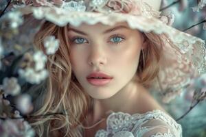 AI generated Model in lace fashion portrait with blue eyes and floral ethereal ambiance photo