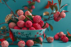 AI generated Lychee in a red bowl offers a fresh tropical fruit allure with sweet exotic charm photo