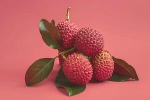 ai generado lychee Fruta en tropical rosado antecedentes con Fresco orgánico comida nutrición foto