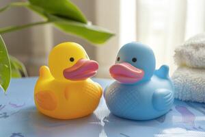 AI generated Yellow and blue rubber ducks bath toys are playful and cute in a bathroom setting photo