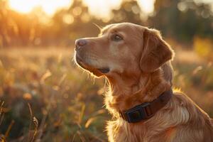 AI generated Golden Retriever with GPS tracker collar gazing into sunset outdoors photo