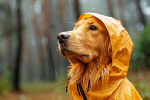 AI generated Golden Retriever dog in yellow raincoat with hood stands in forest photo