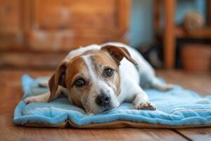 AI generated Dog relaxing on a blue cooling mat on the wooden floor at home photo