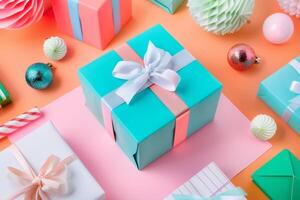 AI generated Festive gift packaging with ribbon celebration on a holiday decorated table photo