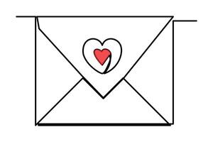 Continuous one line drawing of envelope with heart. Love letter. Vector illustration