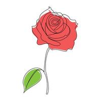 Continuous one line red rose flower outline vector art illustration on white background Pro Vector