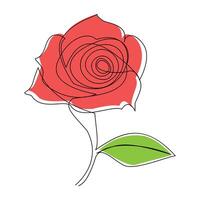 Continuous one line red rose flower outline vector art illustration on white background Pro Vector