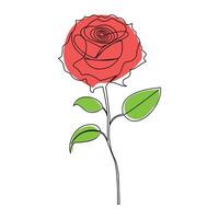 Continuous one line red rose flower outline vector art illustration on white background Pro Vector