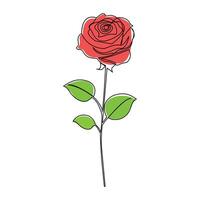 Continuous one line red rose flower outline vector art illustration on white background Pro Vector