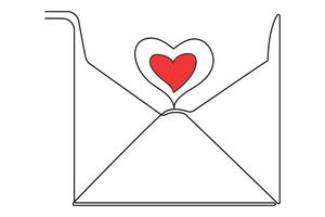 Continuous one line drawing of envelope with heart. Love letter. Vector illustration