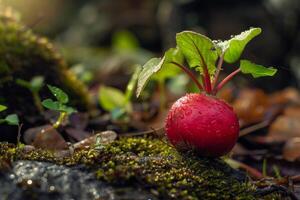 AI generated Radish in nature showing growth, fresh and organic garden setting with red soil and leaves photo