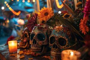 ai generado vistoso día de el muerto celebracion en mexico con calaveras, velas, flores, y tradicion foto