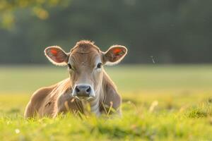 AI generated Jersey cow on farm resting in grass captures peaceful agriculture and pastoral rural scene photo