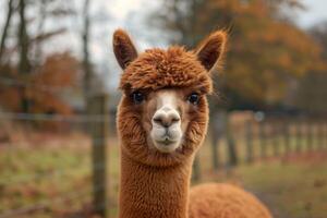 ai generado alpaca retrato con mullido marrón piel en un rural granja ajuste foto