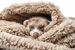 AI generated Close-up of a ferret sleeping peacefully in a cozy fluffy sleep sack, showcasing comfort and soft texture photo