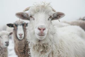 ai generado ganado oveja en un granja rodeado por animales en un lanoso rebaño en agricultura pasto foto