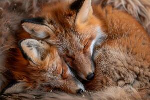 AI generated Cuddling foxes showcasing wildlife, mammals, animals, fur, cuddling, sleep, rest, orange, and brown photo