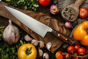 ai generado agudo del chef cuchillo en de madera corte tablero rodeado por Fresco vegetales y Cocinando ingredientes foto