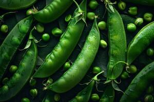 AI generated Fresh green pea pods and vegetables with a vibrant natural texture photo