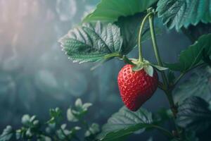 AI generated Ripe red strawberry hangs delicately among fresh organic garden leaves in close-up photo
