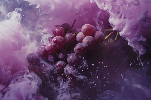 AI generated Grapes enveloped in purple smoke with mist and fresh dew drops creating a vibrant and artistic abstract scene photo