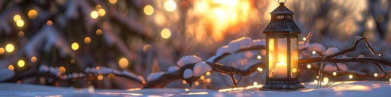 AI generated Luminous lantern in the tranquil winter snow with light illuminating dusk branches photo