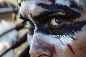 AI generated Close-up of Sioux warrior with traditional face paint and intense eyes shows Native American culture and heritage photo