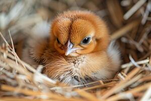 AI generated Closeup of a cute chick with soft feathers nestled in a cozy straw nest photo