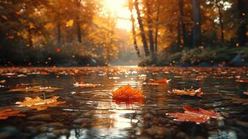 AI generated Several autumn leaves fall on the water surface and create small waves photo